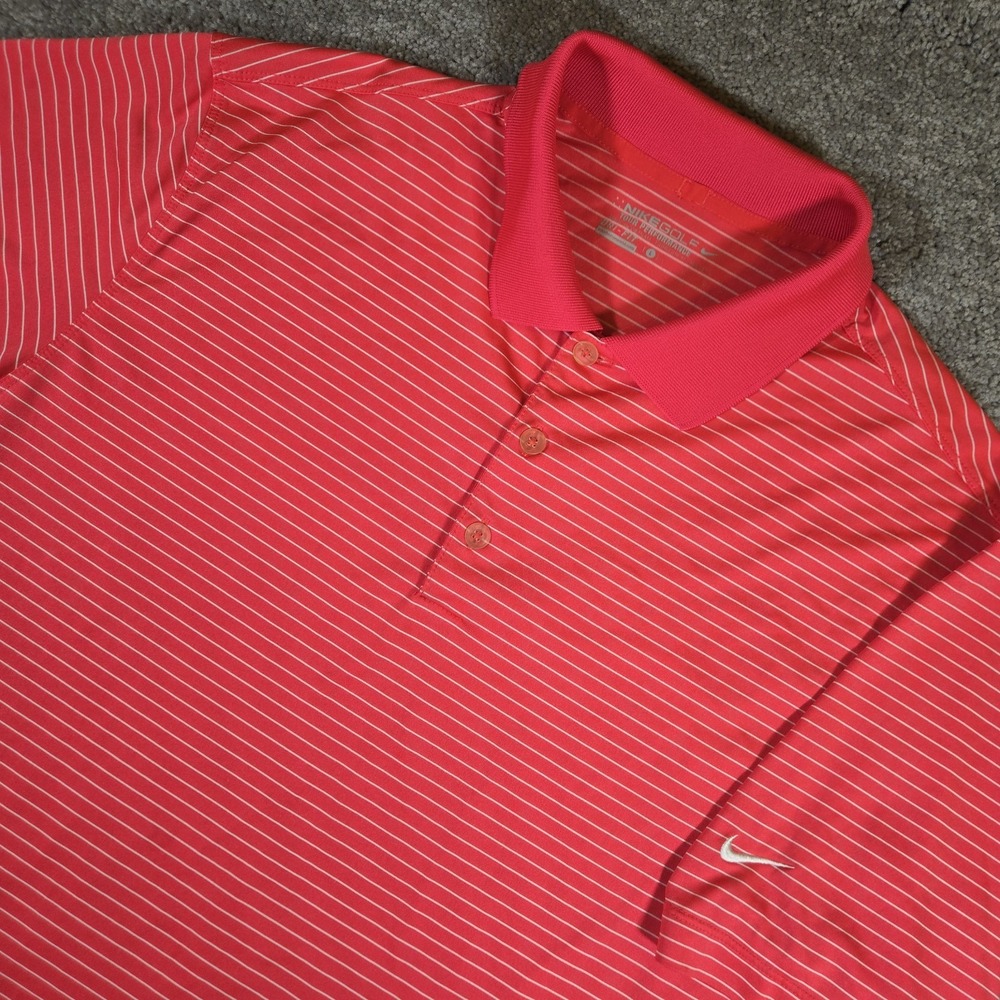 Nike Golf Tour Performance Mens Large Red Pinstriped Short Sleeve Polo Dri-Fit